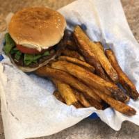 Veggie Patty Burger - with fresh cut fries · Vegetarian patty topped with mustard , mayo, onions, lettuce, tomatoes on a bun.
Served with...