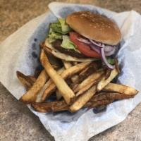 Hamburger - with fresh cut fries · Beef patty topped with mustard, mayo, onions, lettuce, and tomatoes on a bun. Served w/ fres...
