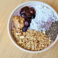 PB+ J · Strawberry, blueberry, peanut butter, granola, strawberry jam, coconut flakes! Blended with ...