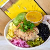 Mexi-Cali · Chicken, black beans, roasted corn, pineapple, avocado, pickled red onion, cilantro, roasted...