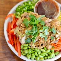 Kung-Pow Chicken · Shredded chicken, edamame, carrots, corn, scallions, peppers, cilantro, peanuts, kung-POW sa...