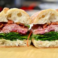 E-Z BLT Sandwich · Prosciutto, bacon, tomato, pickled red onion, greens, mayo!
