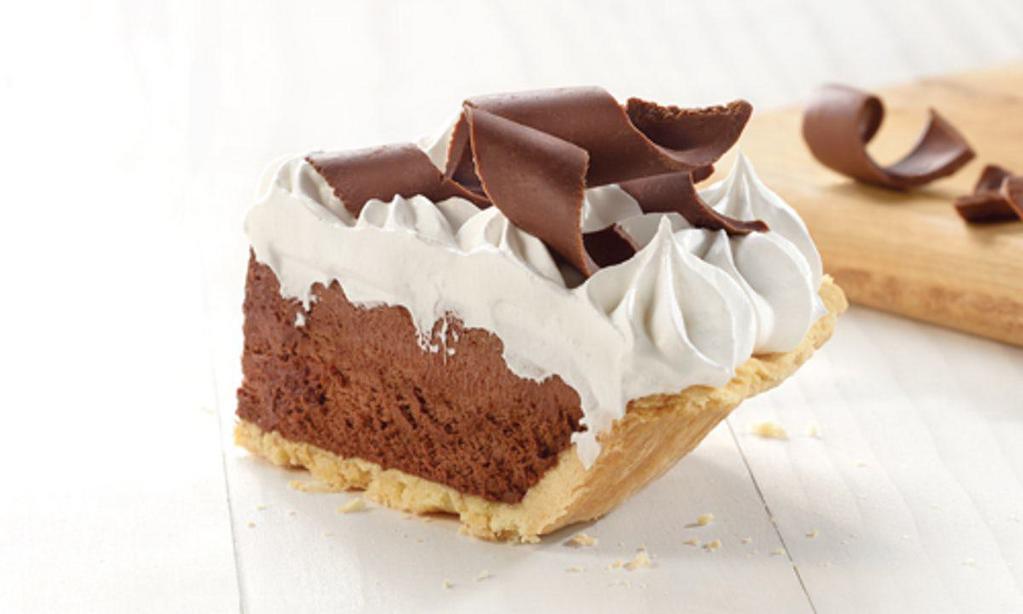 French Silk Pie Slice · Velvety smooth chocolate silk covered with real whipped cream and milk chocolate curls, inside our award-winning pastry crust.