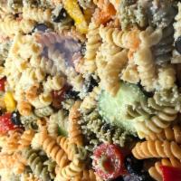 PASTA SALAD (8 OZ) · An amazing tricolor rotini with cherry tomatoes, cucumber, sweet peppers, black olives, all ...