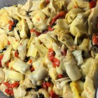Artichoke salad (8 OZ) · With roasted red peppers, black olives, banana peppers, and mixed in a golden Italian dressi...