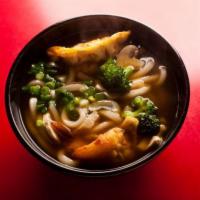 Udon · Noodles, veggies, and gyoza in an udon soup