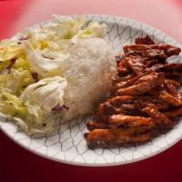 Spicy Chicken Teriyaki · Spicy chicken with teriyaki sauce. Served with rice and salad. Spicy.