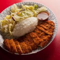 Chicken Katsu · Japanese deep fried chicken cutlet. Breaded chicken meat. Served with rice and salad.