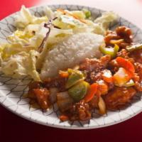 Sweet and Sour Chicken · Lightly battered chicken with pineapple, onions and bell peppers tossed in sweet and sour sa...