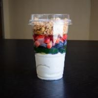 9 oz. Yogurt Parfait · Greek yogurt, fresh mixed berries and granola.
