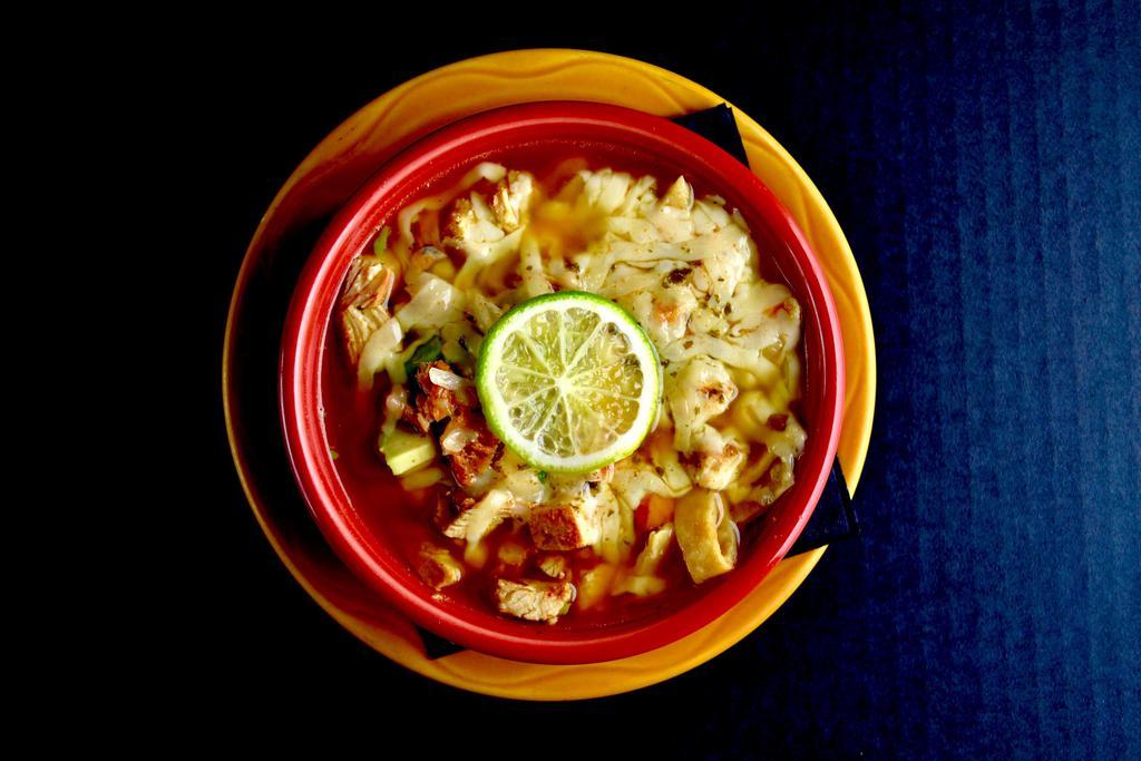 Sopa Azteca Dinner · Tortilla soup. Heartly chunks of tender chicken breast and fresh avocado with tortilla strips and shredded cheese in a rich chicken broth.