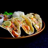 Shrimp Tacos Dinner · 3 shrimp tacos served mojo de ajo style and finished with cabbage, pico de gallo and Azteca'...