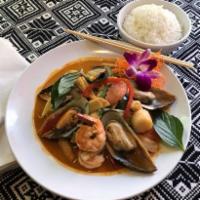 20. Kreung Keang Seafoods · A stir-fried seafood combination of shrimp. Scallops. Squid and mussels. Cooked with mix veg...