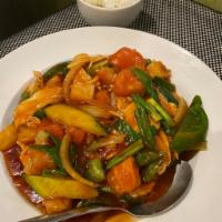 40. Pad Preow Wan · Your choice of meat stir-fried with onions, cucumbers, bell peppers, pineapples and tomatoes...