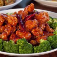 A6. General Tso's Chicken · Chunks of boneless chicken in the general sauce and sauteed broccoli. Hot and spicy.