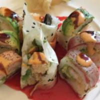 11. Seafood Naruto · Tuna, salmon, crab, avocado, and caviar rolled with cucumber. Low carb roll no rice.
