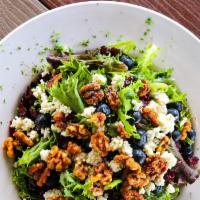 Berries and Gorgonzola with Shrimp Salad · Mixed greens tossed in a strawberry vinaigrette with grilled shrimp, dried cranberries, fres...