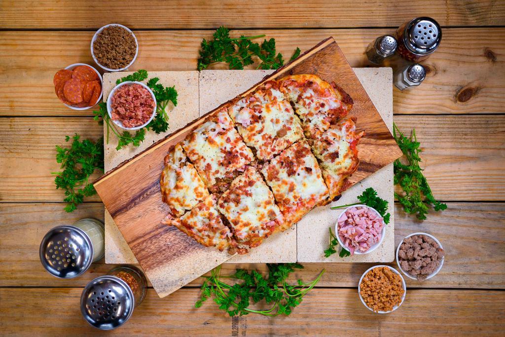OG Pizza · Pepperoni, bacon, sausage, ham, beef, mozzarella, pizza sauce.
