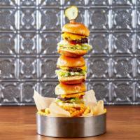 Cheeseburger Slider Tower · Juicy hamburger patties on brioche slider buns. Stacked high with crisp lettuce, onion, roma...
