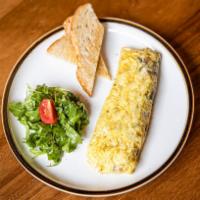 Seasonal Vegetable Omelet · Brussel sprouts, spinach, mix of yellow, green and pasilla peppers,
leeks, and fresh herbs, ...