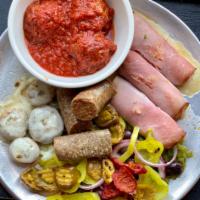 Hot Antipasto · Italian meats, cheese, olives, sausage, meatballs, stuffed mushrooms, green peppers, cherry ...