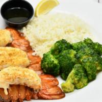Lobster Tails · Lobster tails with white rice and seasonal vegetables. This item can be prepared gluten free.