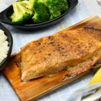Cedar Roasted Salmon · With white rice and seasonal vegetables. This item can be prepared gluten free.