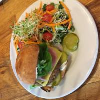 Veggie Burger · Field Roast Veggie Burger, Chao ‘cheese’, mixed greens, pickled red onions, Oregon Brinework...