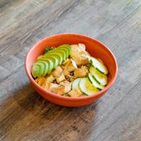 Tofu Avocado Salad Bowl · Chopped green kale, carrots, red cabbage, cucumber, quinoa, baked tofu, avocado, and garlic ...