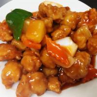 Honolulu Chicken · Crispy chicken with house veggies and pineapple sauteed in sweet and sour sauce. Served with...