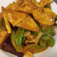 Thai Curry with Mix Vegetable and Bean Curd · Red or green. Thai curry, bell pepper, and onion. Hot and spicy.