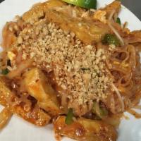 Pad Thai with Bean Curd · Thai-style rice noodles topped with crushed peanut. Hot and spicy.