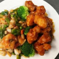 Dragon Meets Phoenix Special · 1/2 of general Tso's chicken and 1/2 of hot and spicy shrimp. Hot and spicy. 