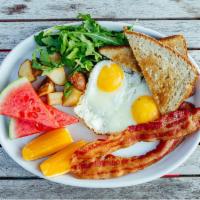 Eggs Your Way · 2 farm-fresh eggs, bacon or turkey sausage, potatoes, fruit and toast.