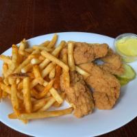 Homestyle Chicken Strips · Three large tender strips of chicken breast breaded and fried golden brown, served with a si...