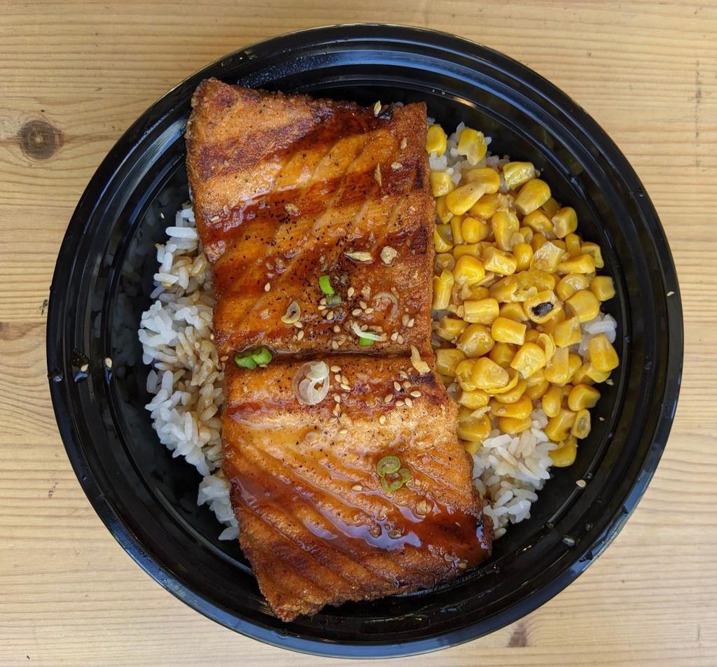 Teriyaki Salmon  · 6oz. Salmon Fillet, Pan Seared and Seasoned with Salt and Pepper, on top of your choice of base with our House Teryaki Sauce.