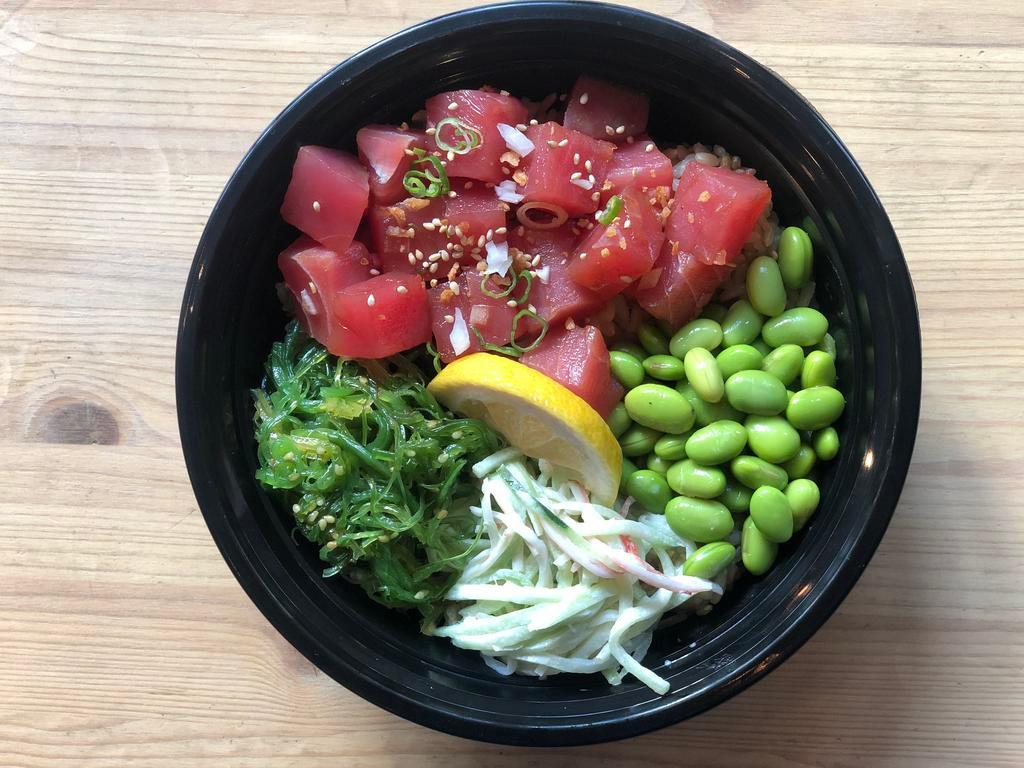 Lunch Poke Tuna  · Now included in your lunch favorites! Fresh raw 3oz. sushi grade tuna, choice of base and comes with sides of crab salad, seaweed salad and edamame. 