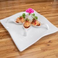 HA14. Scallop Appetizer · 3 pieces. Torched Japanese scallop with crab, shrimp and spicy mayo served in spoons. Hot an...