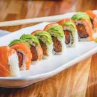 R2. Houston Maki · Spicy tuna inside, topped with avocado and fresh salmon. Raw. Hot and spicy.