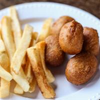 Mini Corndogs with Fries (5-ct) · Served with smoky honey mustard sauce