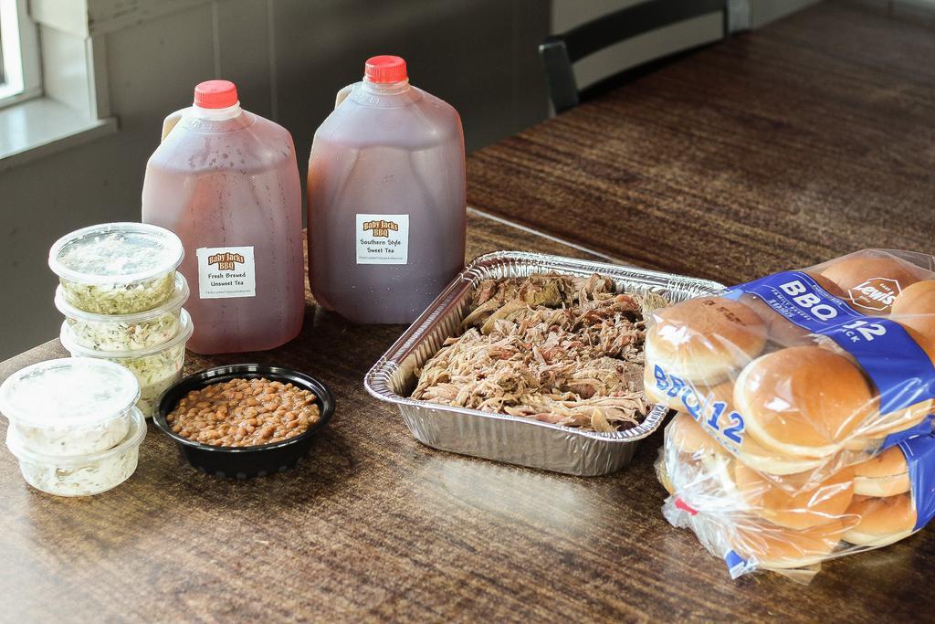 Party Pack · Serves 15-20. Includes 5 lb. BBQ, 4 quarts of sides, two 12 pack of buns, 20 oz. cup BBQ sauce, 2 gallons of tea.