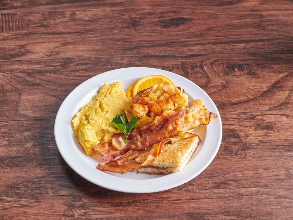 2 Eggs Any Style with Breakfast Meat · Served with potatoes and toast.