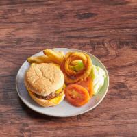 American Cheeseburger Deluxe · Chopped prime beef cooked to perfection. Served on a toasted bun with lettuce, tomato, fries...