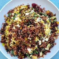 Brussels Sprouts Super Salad · Shaved brussels, shredded kale, organic quinoa, dried cherries, golden raisins, shaved almon...