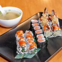 Super Maki Combo · 18 pieces. Salmon roll, California roll, and shrimp tempura roll. Served with miso soup.