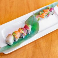 Rainbow Special Maki · Crab stick, shrimp, tobiko with spicy mayonnaise topped with a layer of avocado, tuna, salmo...