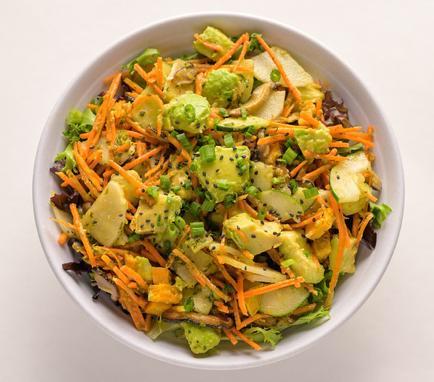 Zen Bowl (V) · Shiitake mushroom, sweet potato, avocado, carrot, cucumber, daikon, cilantro lime, and classic sauce.