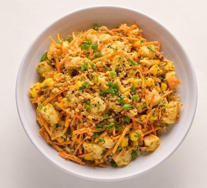 Curry Coconut Shrimp · Shrimp or chicken, mango, cilantro, carrot, toasted coconut, crispy onion, and curry aioli.