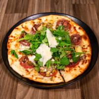 New World Pizza · Virgin olive oil, garlic, asparagus, artichoke hearts, mozzarella, Roma tomato, arugula, fet...