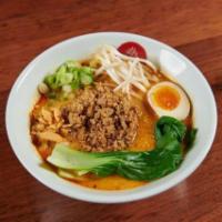 Spicy Sesame Ramen. · Spicy Tonkotsu, Chicken and Pork broth, mixed with special Sesame Paste, Egg Noodles, Ground...